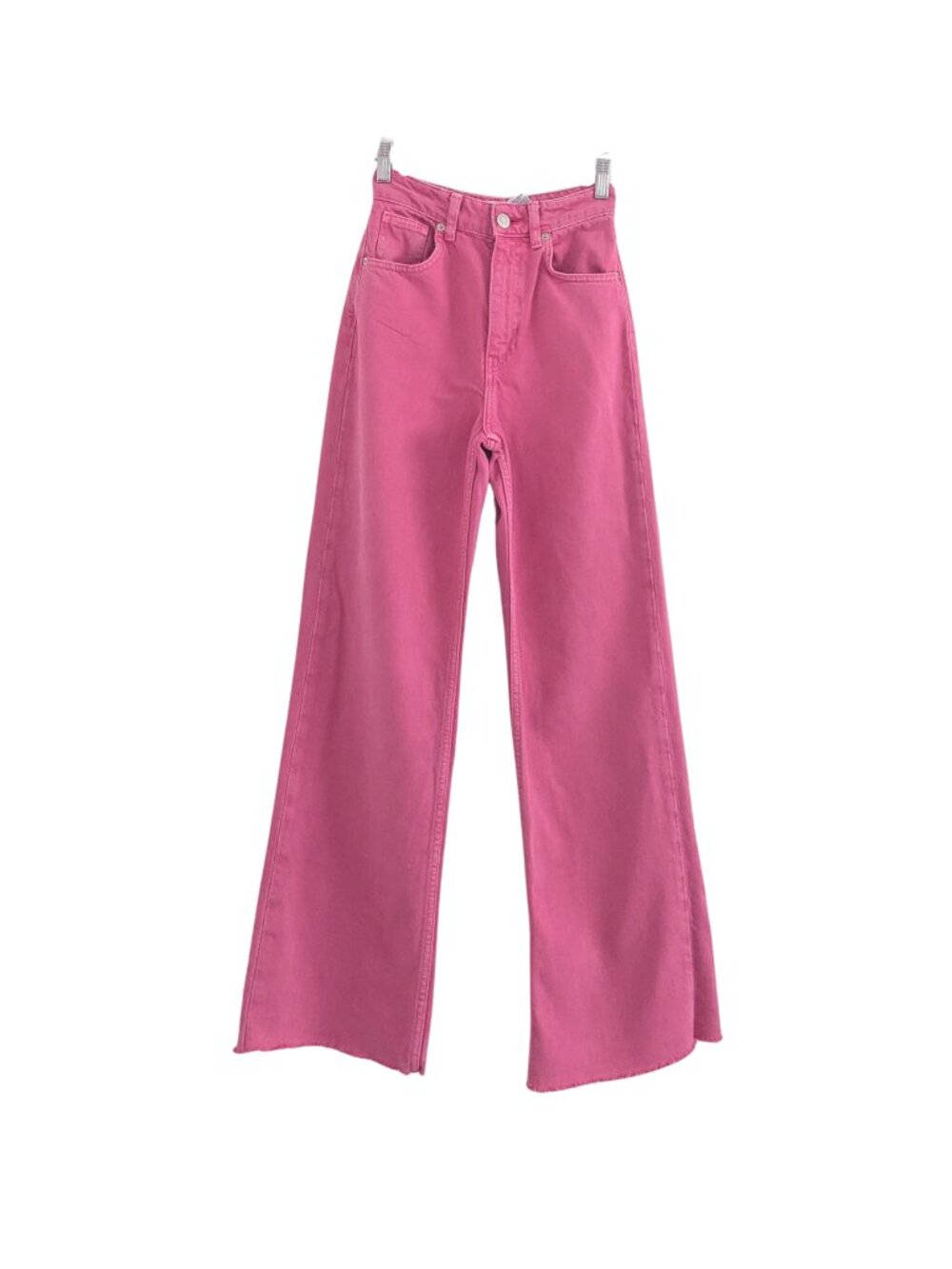 ZARA Hot Pink High Rise Wide Leg Jeans Raw Hem Barbiecore Size  2 - Picture 2 of 6